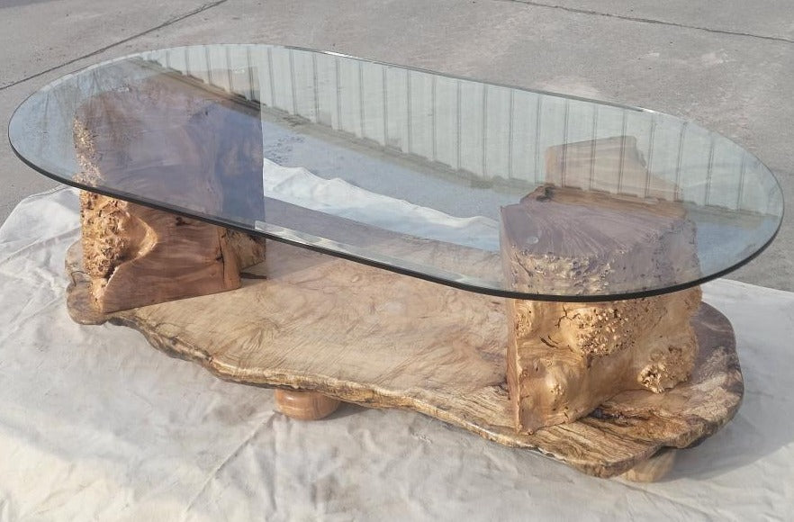Burled Wood Glass Topped Coffee Table with Maple Base