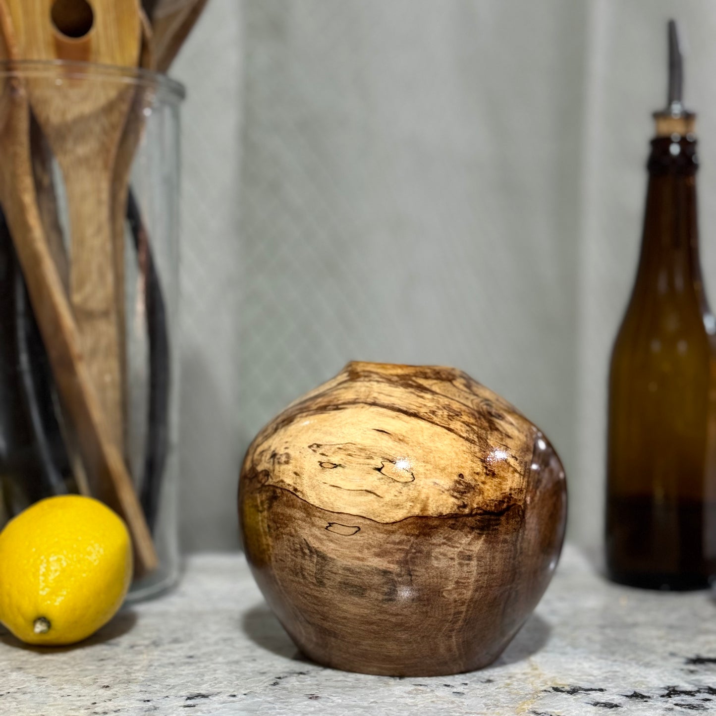 English Walnut Vase with Green-Colored Epoxy Inlay