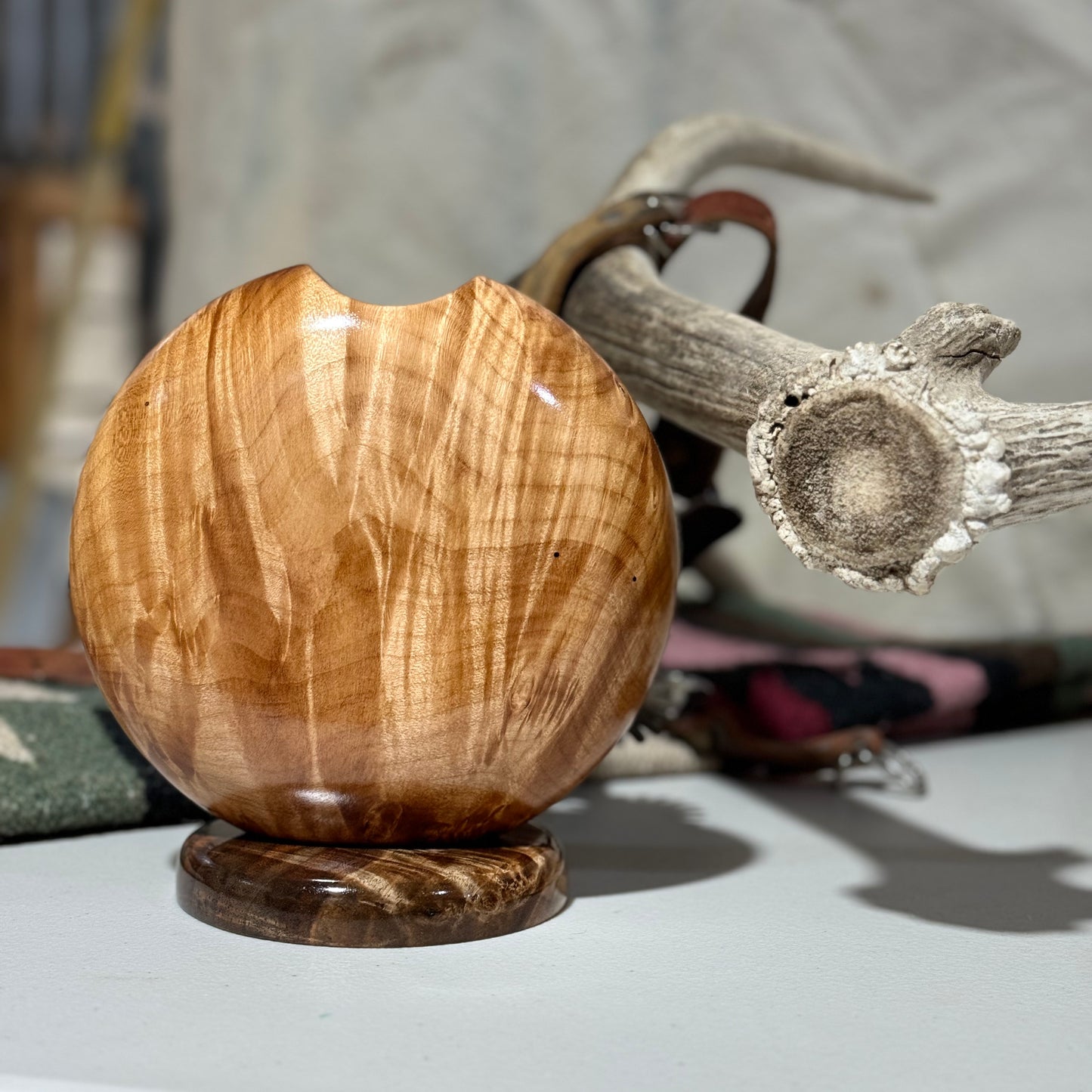 Highly Figured Maple Burl Disc Vase with Black Walnut Base