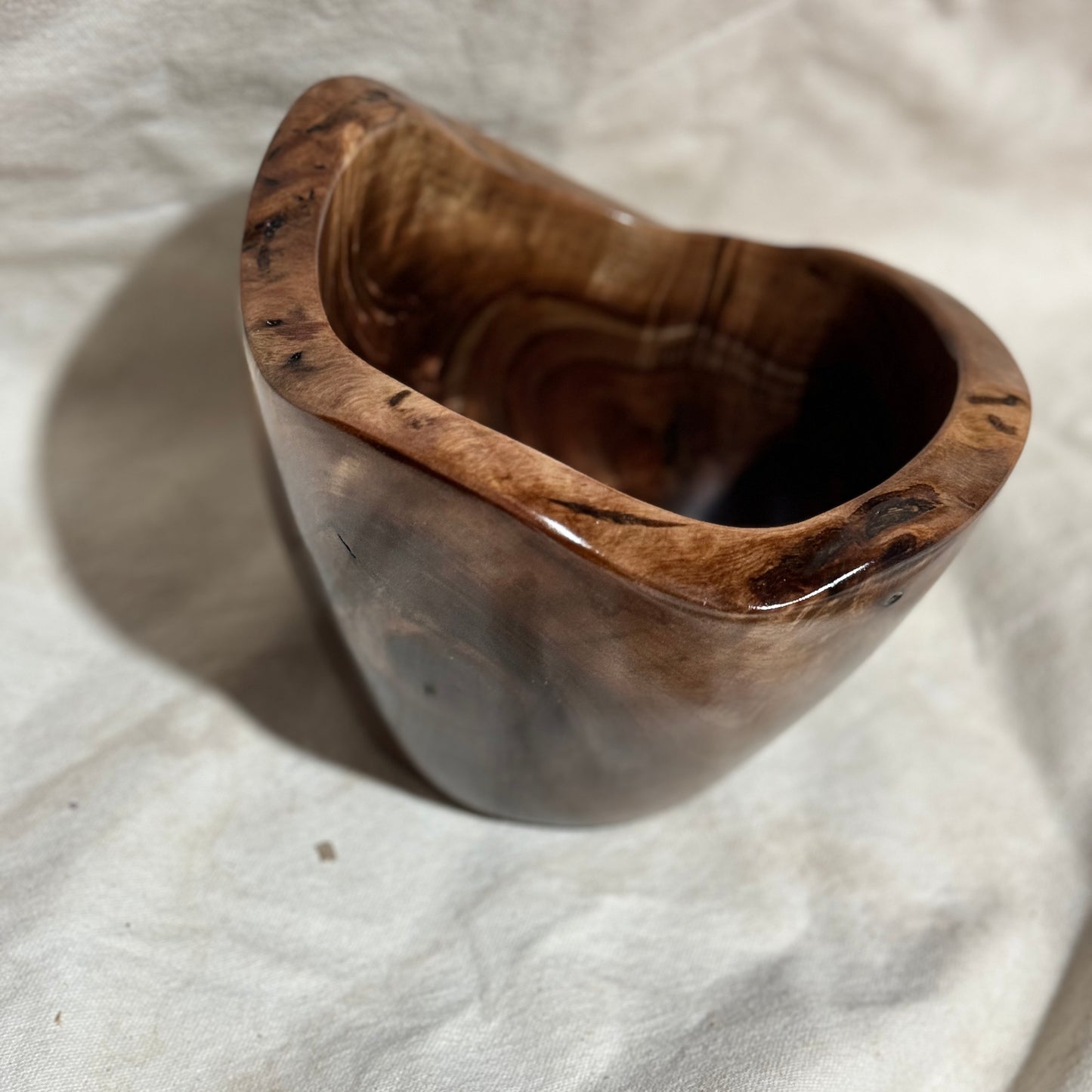 Black Walnut Bowl with Multiple Figured Patterns and Live Edge Rim