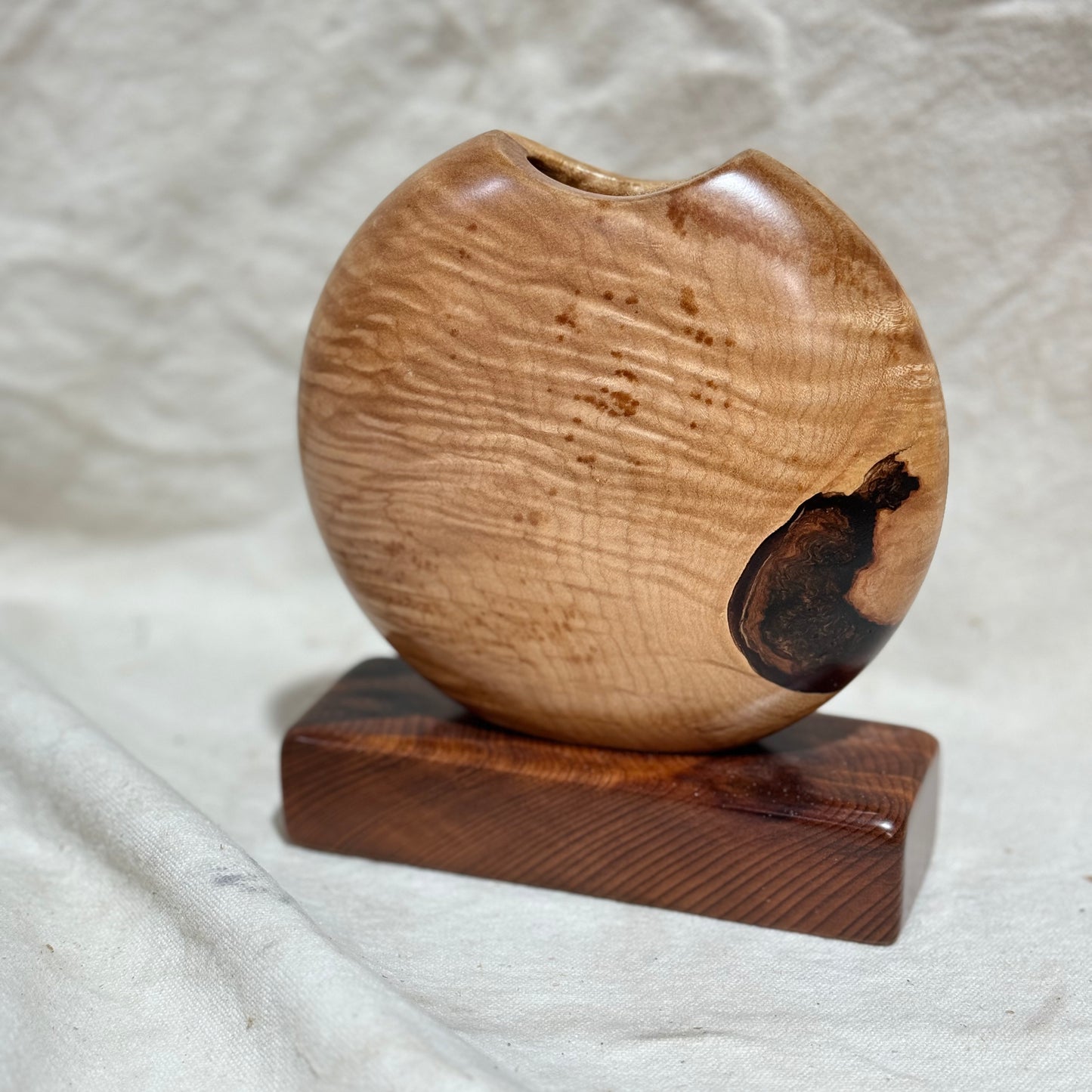 Figured Maple Disc Vase with California Redwood Base