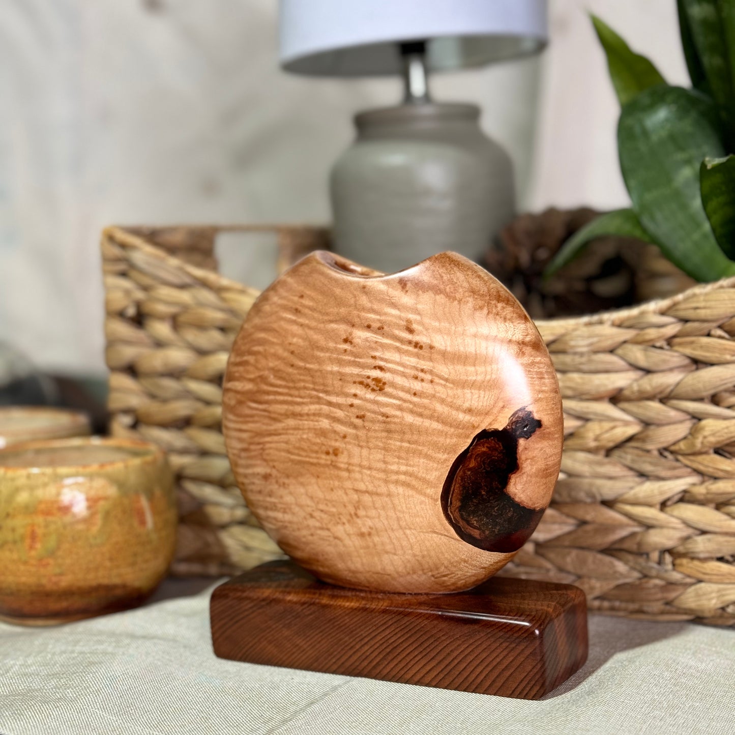 Figured Maple Disc Vase with California Redwood Base