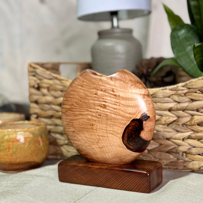 Figured Maple Disc Vase with California Redwood Base