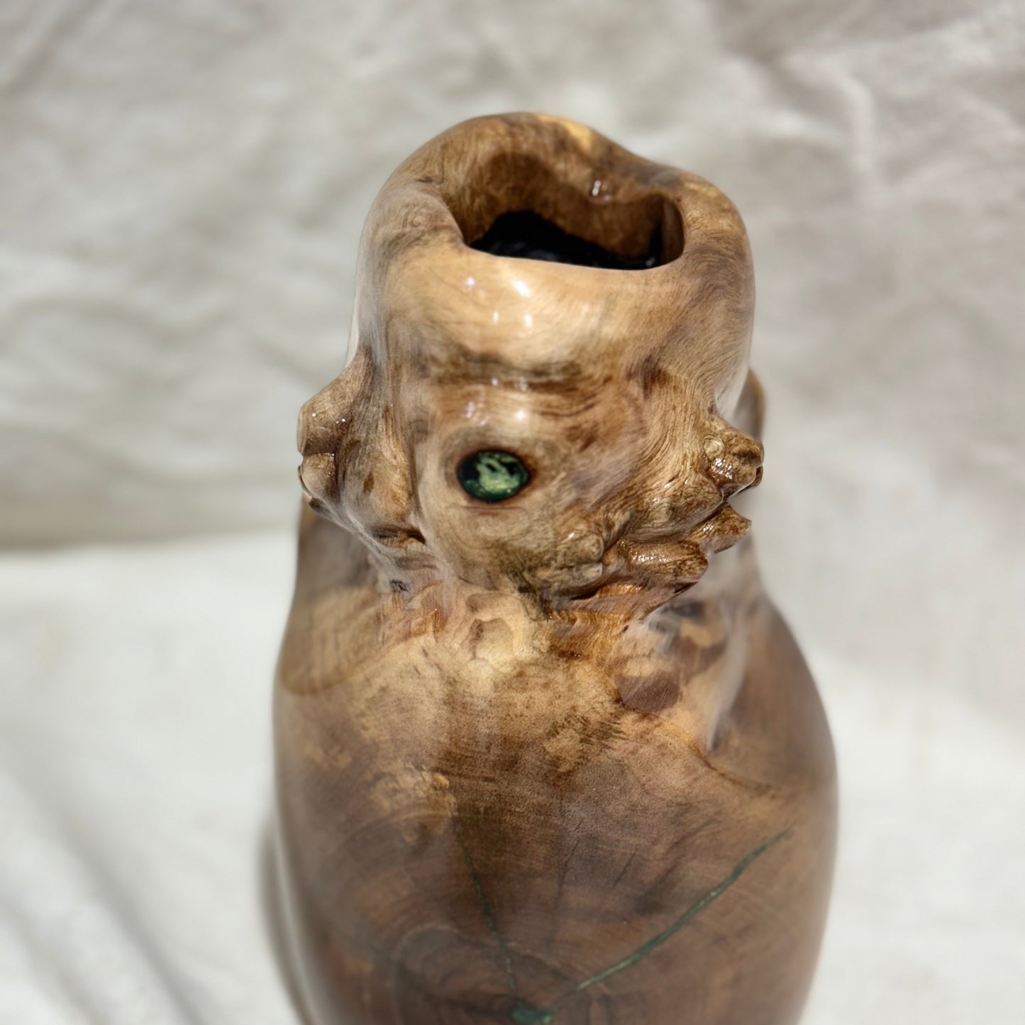 English Walnut Vase with Green Inlay and Creature-like Appearance