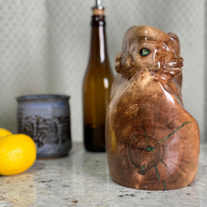 English Walnut Vase with Green Inlay and Creature-like Appearance