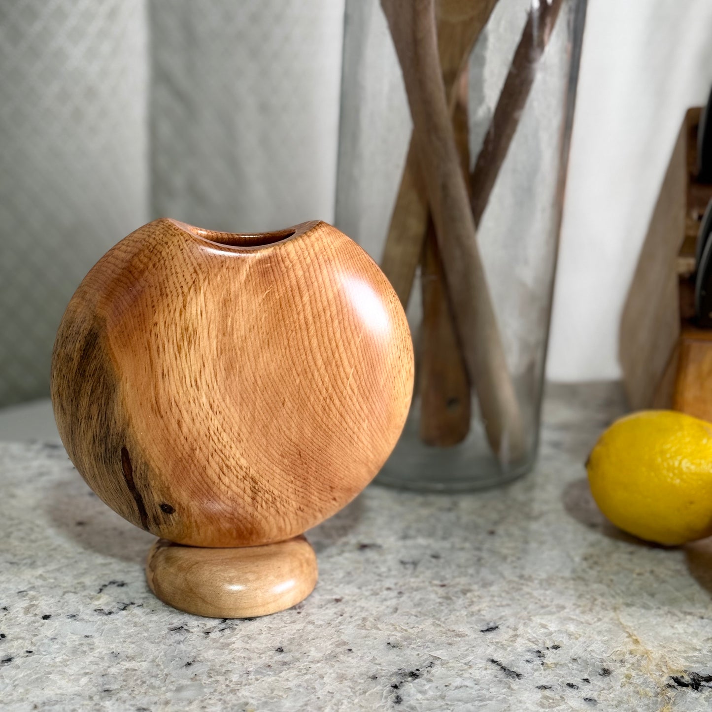 Buggy Blue Pine Disc Vase with Maple Base