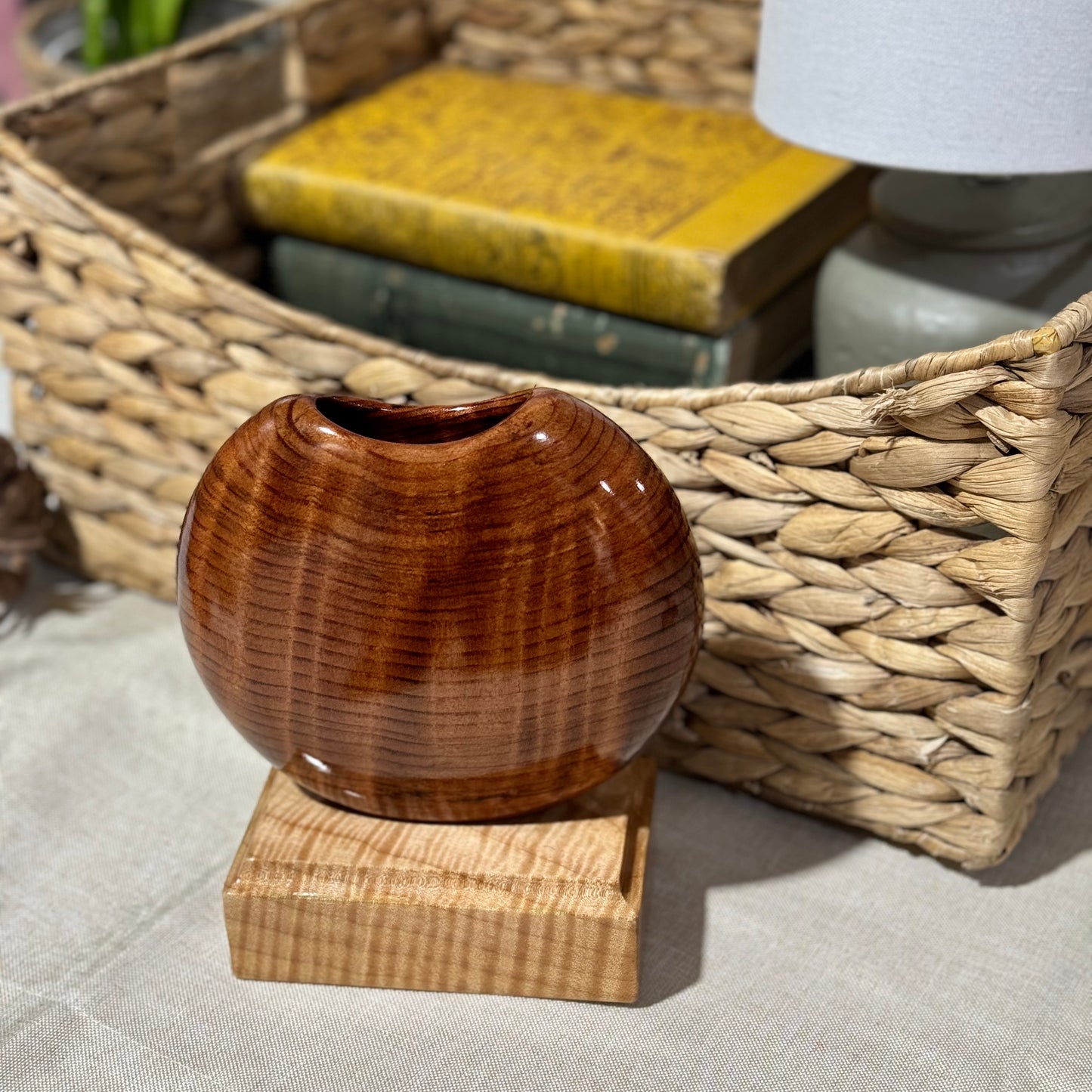 California Redwood Disc Vase with Figured Maple Base