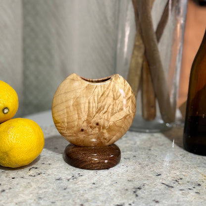 Figured Maple Mini Disc Vase #2 with Black Walnut Base