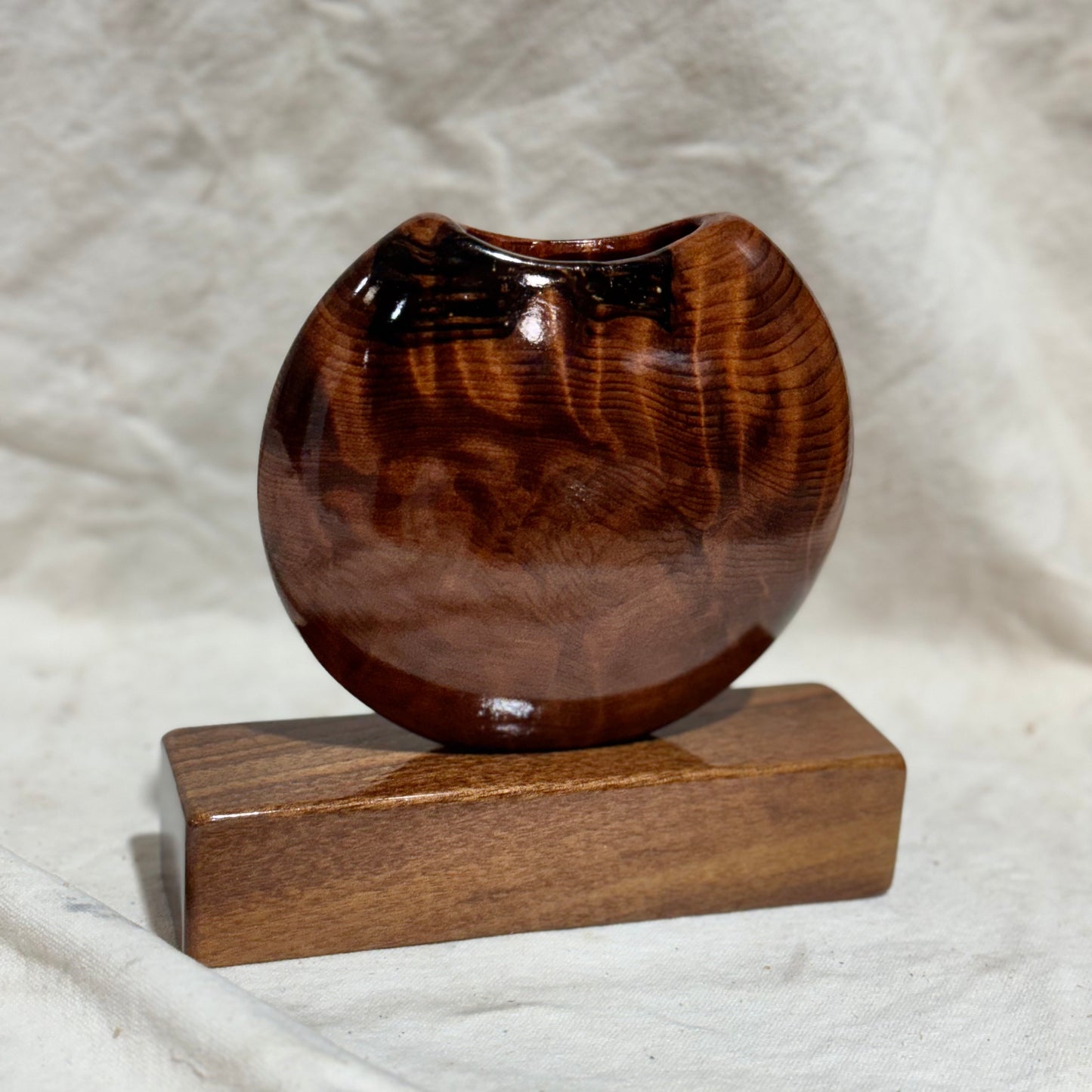 Highly Figured California Redwood Disc Vase with Black Walnut Base