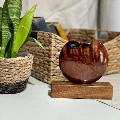 Highly Figured California Redwood Disc Vase with Black Walnut Base