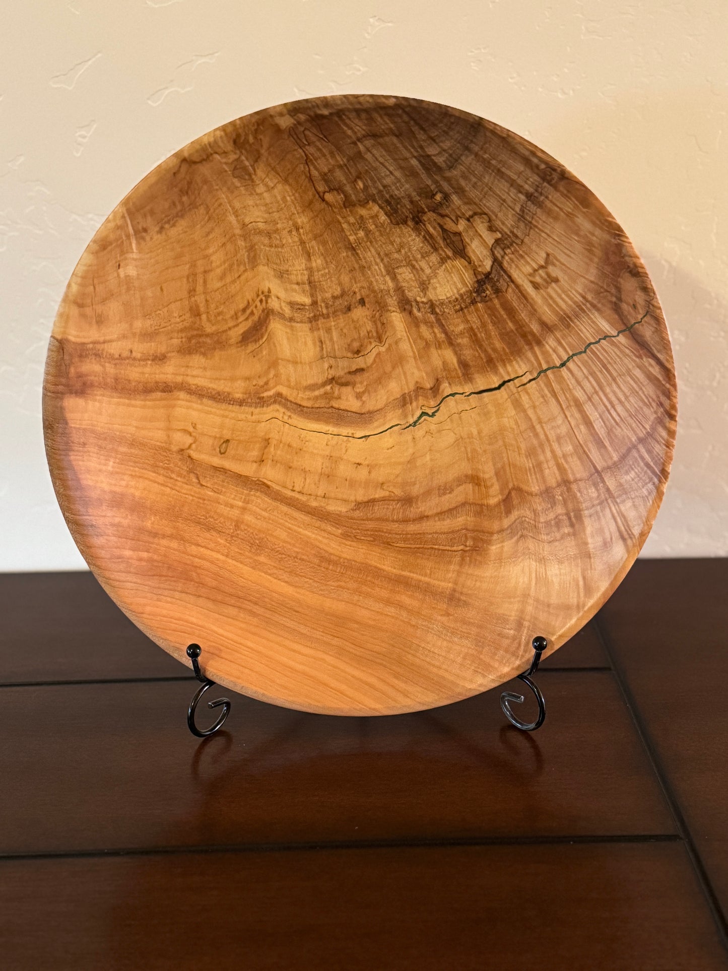 Large Maple Turned Platter with Green Epoxy Fill and a Seashell Wood Pattern