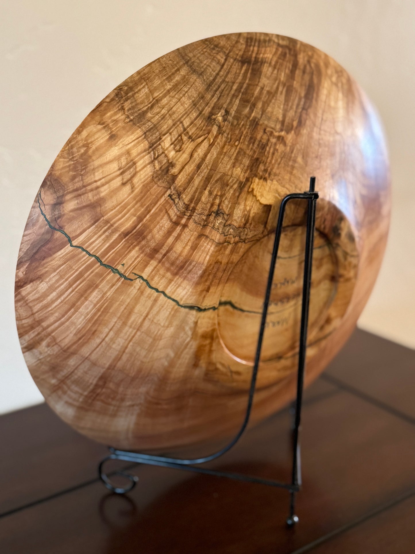 Large Maple Turned Platter with Green Epoxy Fill and a Seashell Wood Pattern