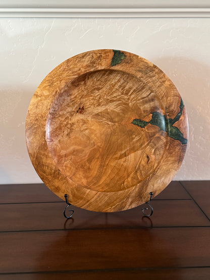 Highly Spalted Maple Turned Platter with Green Filler and Wide Flat Rim