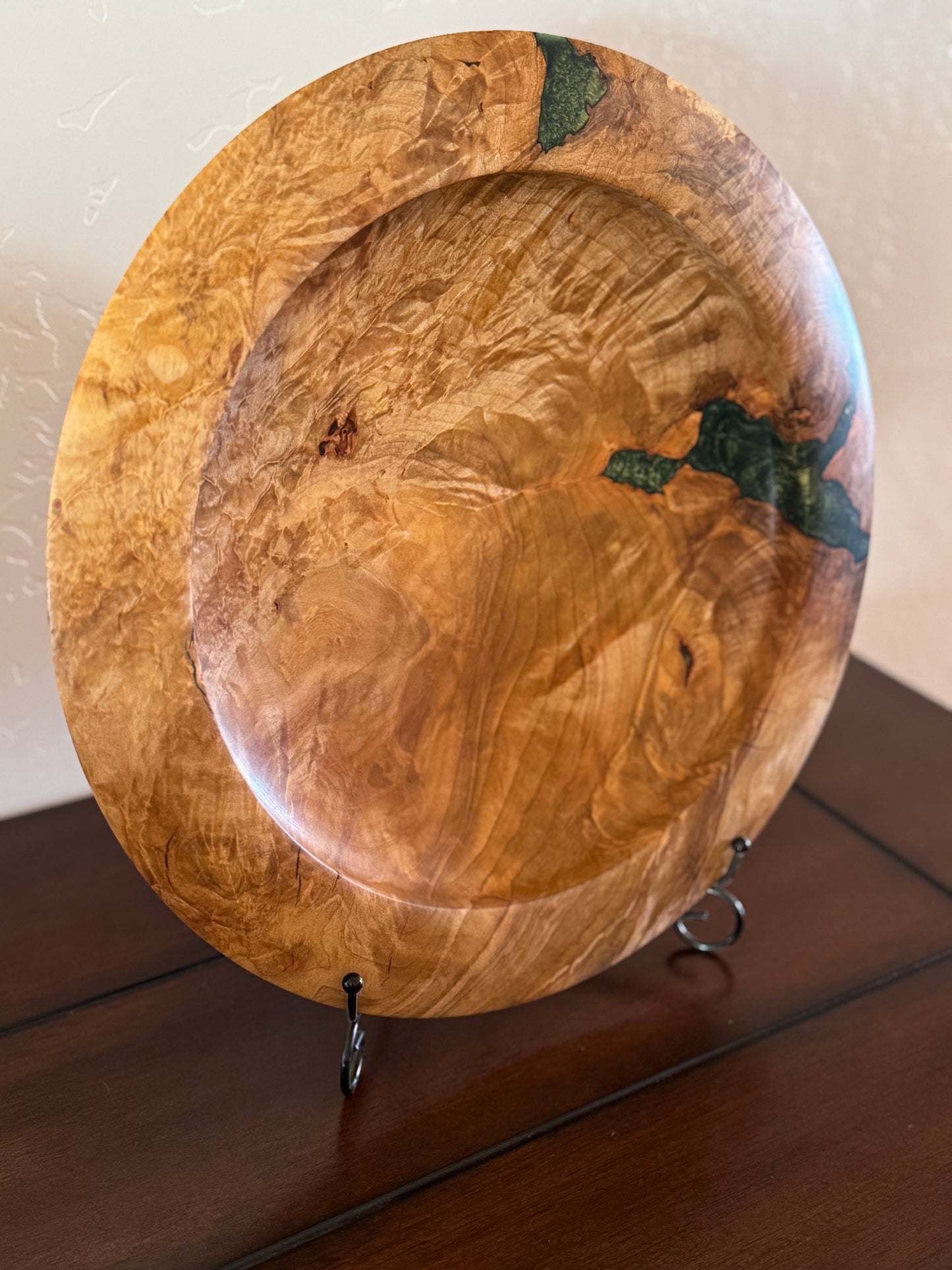 Highly Spalted Maple Turned Platter with Green Filler and Wide Flat Rim