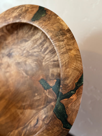 Highly Spalted Maple Turned Platter with Green Filler and Wide Flat Rim