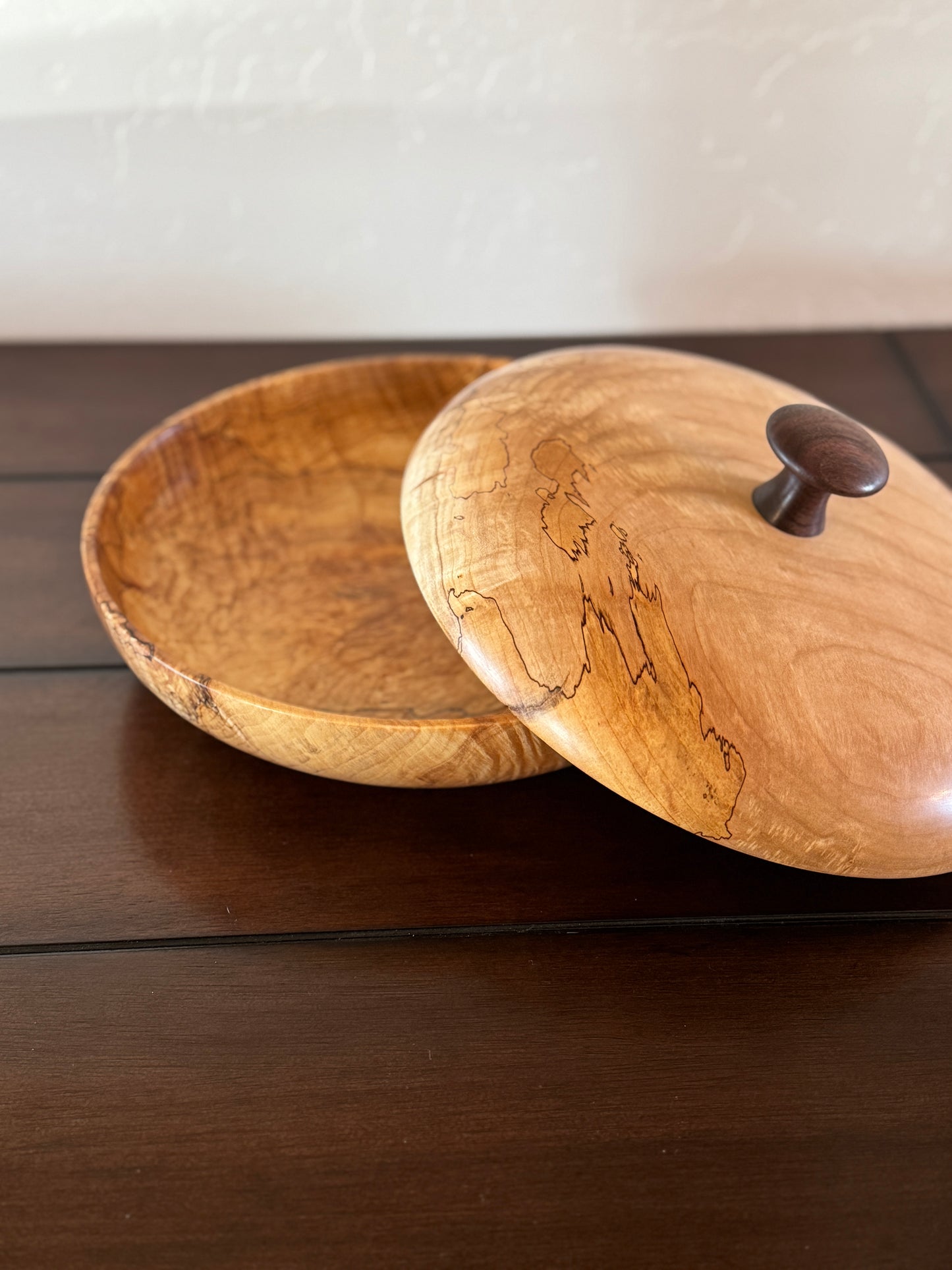 Maple Highly Figured Bowl with Matching Lid and Black Walnut Knob