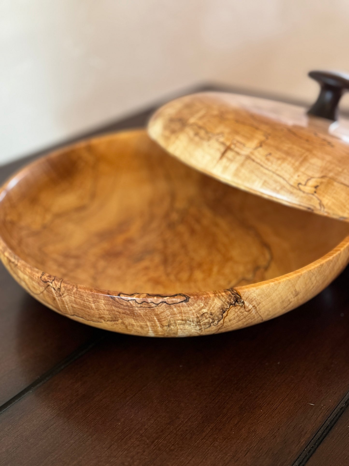 Maple Highly Figured Bowl with Matching Lid and Black Walnut Knob