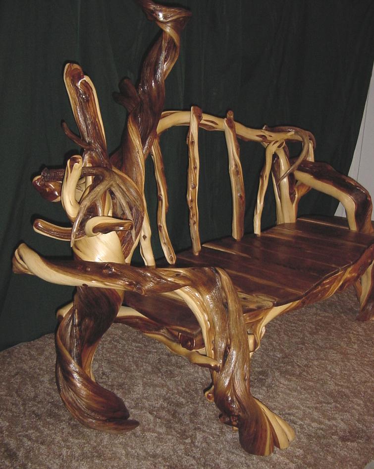 Mighty Twisted Juniper Bench with Slatted Walnut Seat