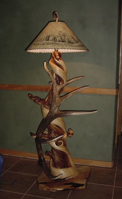 Twisted Juniper Floor Lamp with Elk Antler