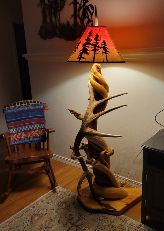 Twisted Juniper Floor Lamp with Elk Antler