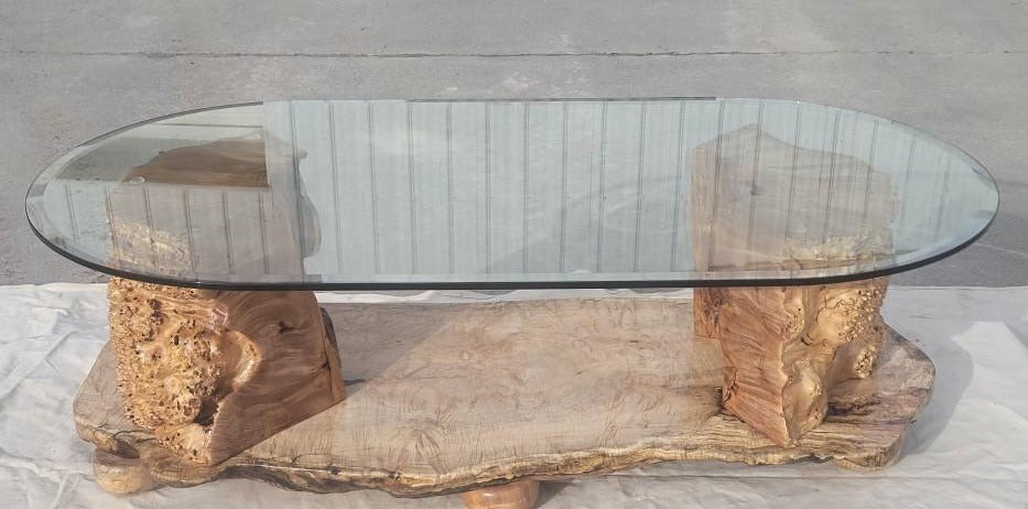 Burled Wood Glass Topped Coffee Table with Maple Base