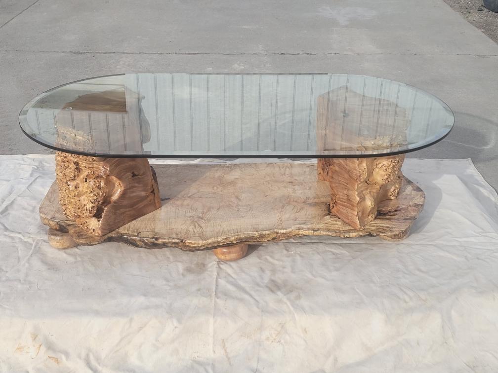 Burled Wood Glass Topped Coffee Table with Maple Base