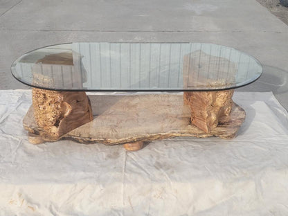Burled Wood Glass Topped Coffee Table with Maple Base