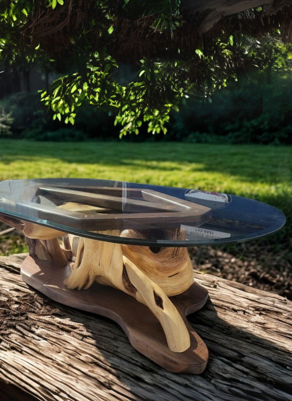 Twisted Juniper Glass Topped Coffee Table with Maple Base