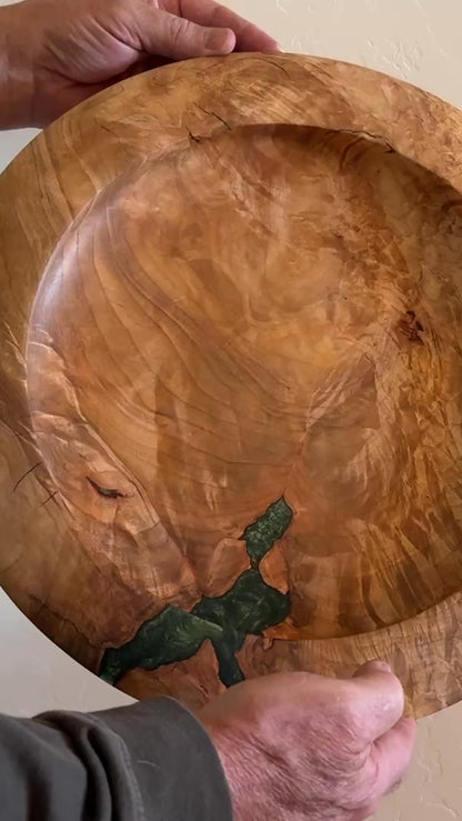 Highly Spalted Maple Turned Platter with Green Filler and Wide Flat Rim